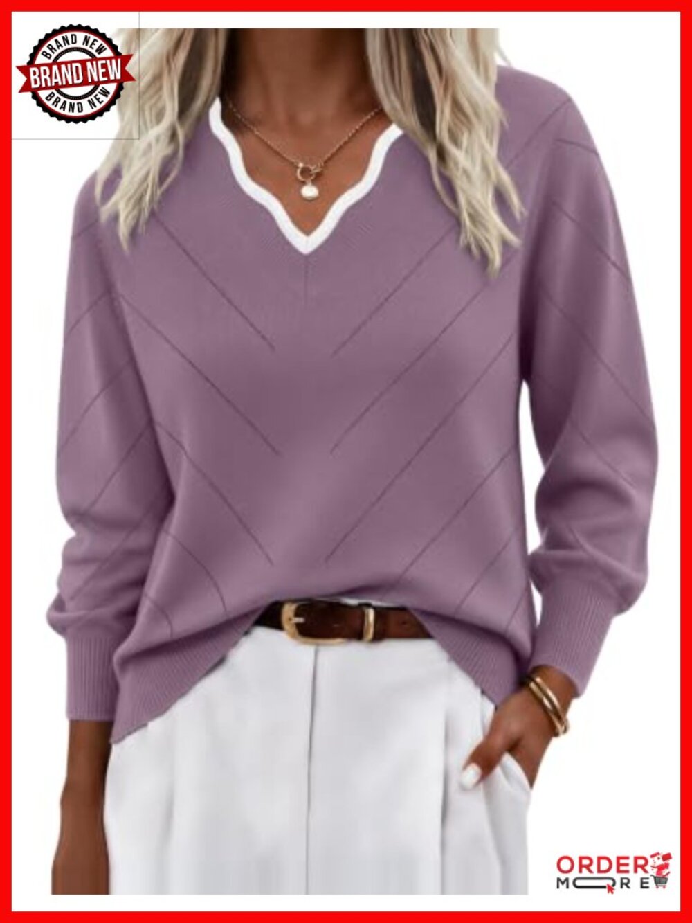 Ekouaer Womens V Neck Sweater Knit Long Sleeve Lightweight Pullover Top